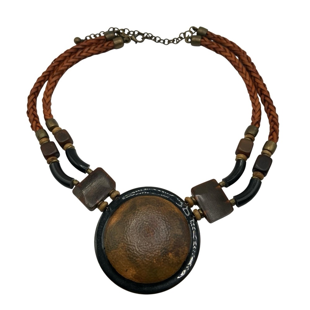 Chico's Braided Faux Leather Statement Necklace with Hammered Pendant